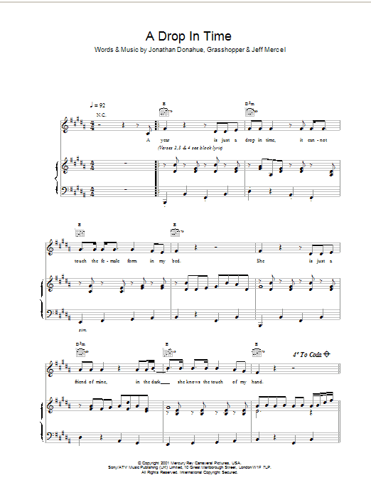 Mercury Rev A Drop In Time sheet music notes and chords arranged for Piano, Vocal & Guitar Chords