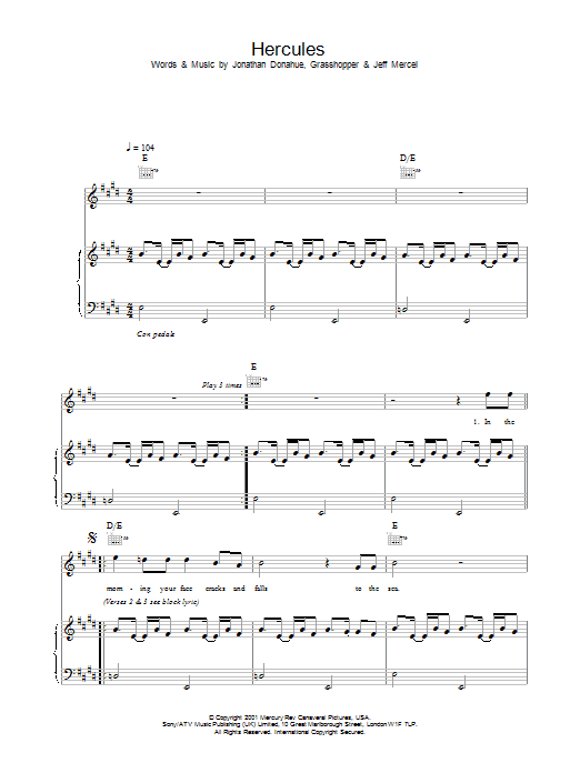 Mercury Rev Hercules sheet music notes and chords arranged for Piano, Vocal & Guitar Chords
