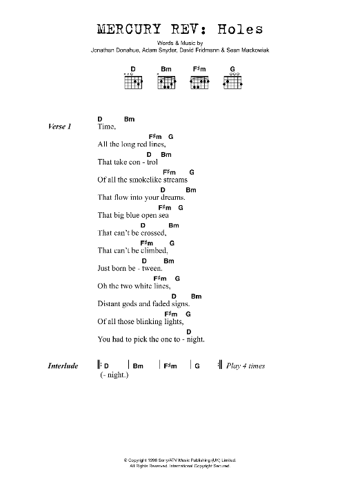 Mercury Rev Holes sheet music notes and chords arranged for Guitar Chords/Lyrics