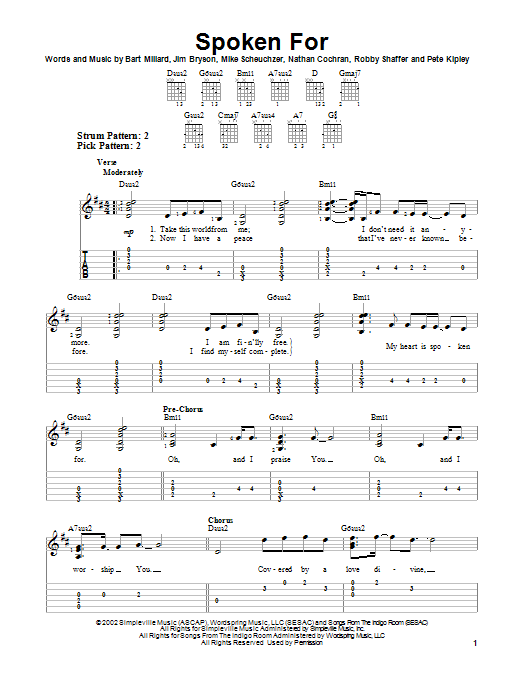 Mercy Me Spoken For sheet music notes and chords arranged for Easy Guitar Tab