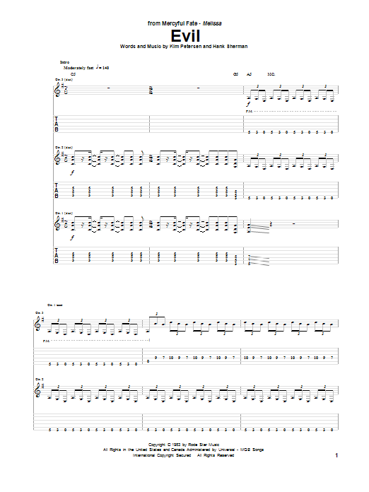 Mercyful Fate Evil sheet music notes and chords arranged for Guitar Tab