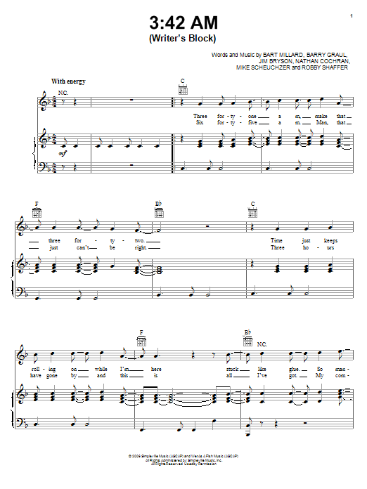 MercyMe 3:42 AM (Writer's Block) sheet music notes and chords arranged for Piano, Vocal & Guitar Chords (Right-Hand Melody)