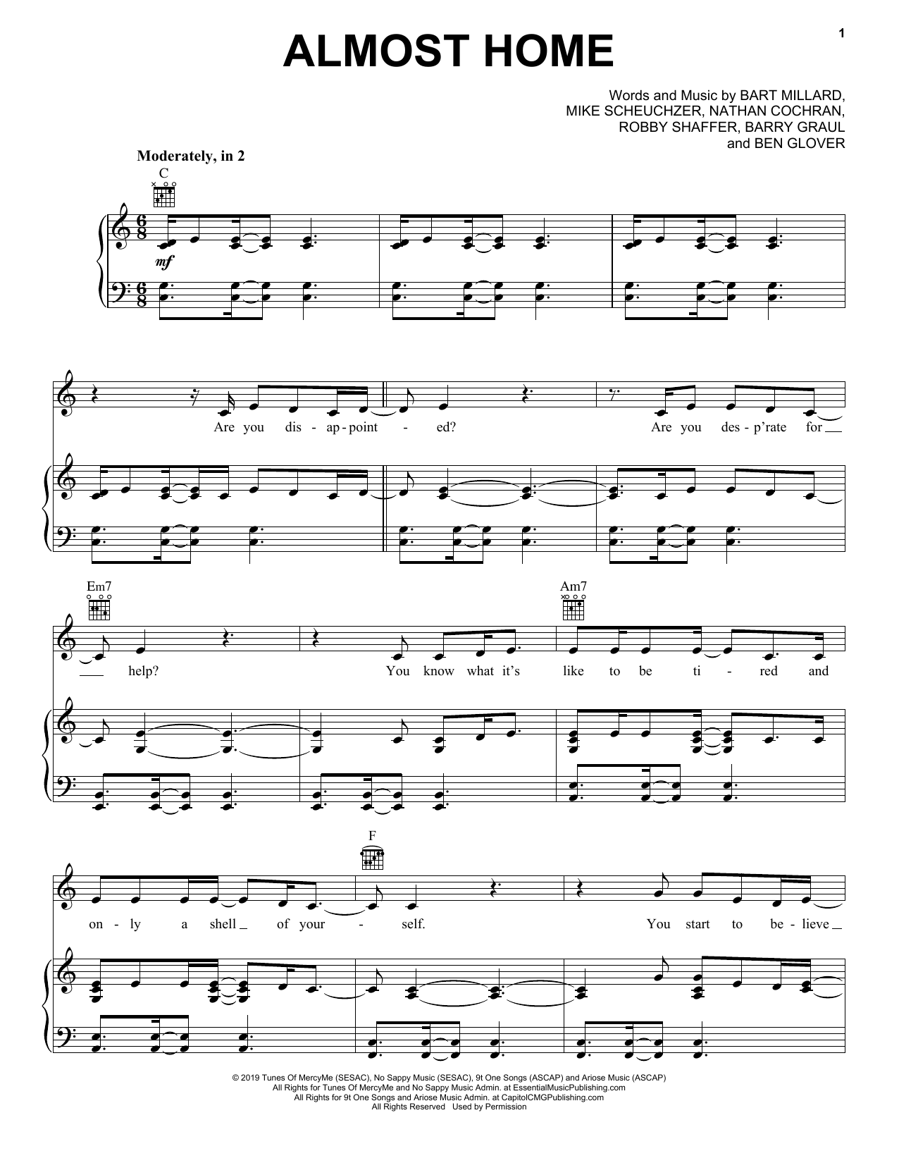 MercyMe Almost Home sheet music notes and chords arranged for Piano, Vocal & Guitar Chords (Right-Hand Melody)
