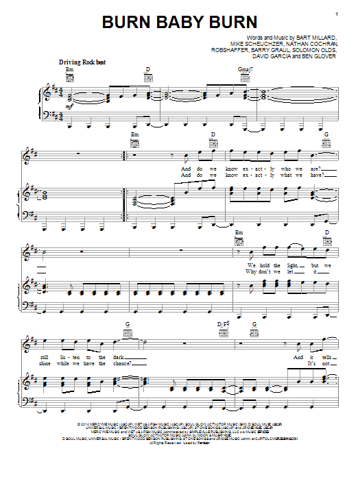 MercyMe Burn Baby Burn sheet music notes and chords arranged for Piano, Vocal & Guitar Chords (Right-Hand Melody)