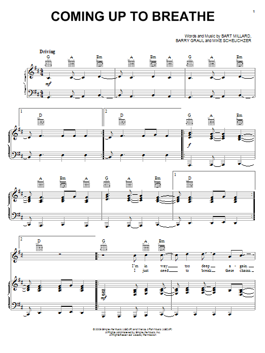 MercyMe Coming Up To Breathe sheet music notes and chords arranged for Piano, Vocal & Guitar Chords (Right-Hand Melody)