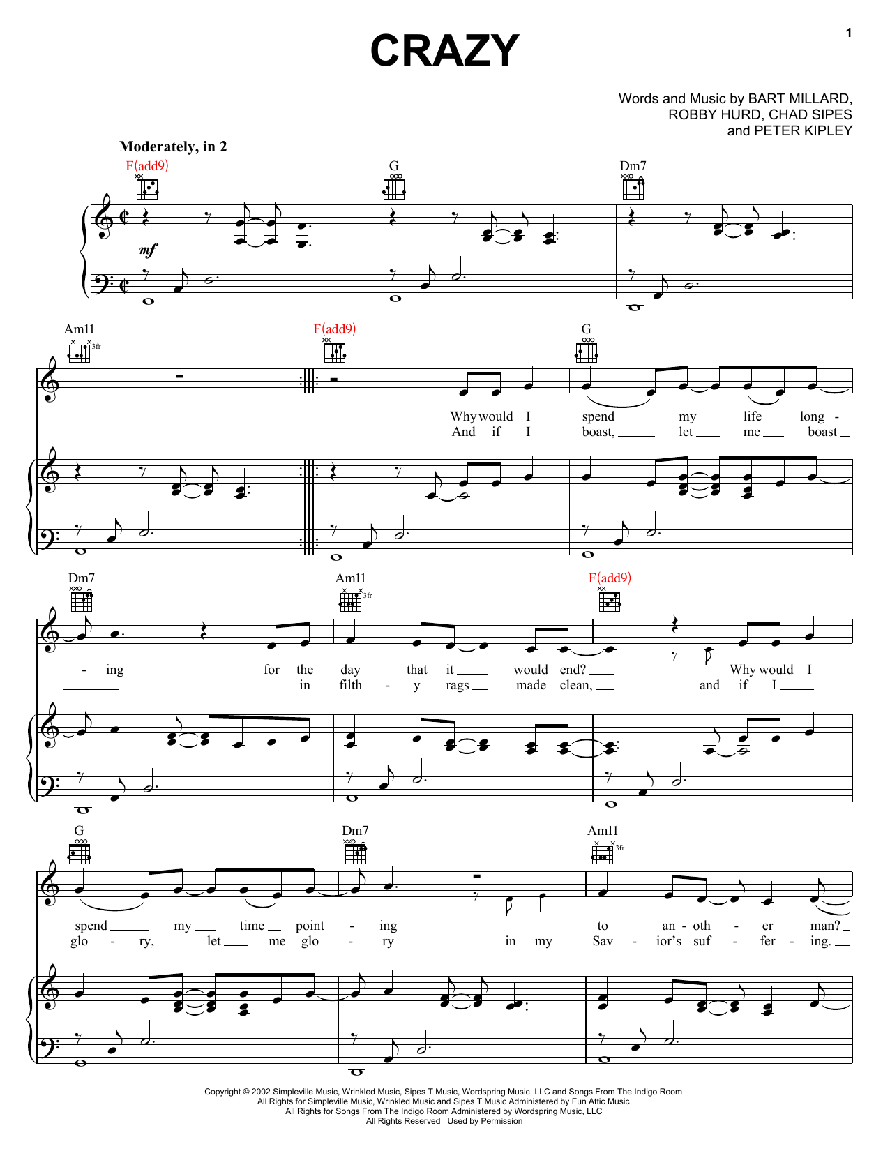MercyMe Crazy sheet music notes and chords arranged for Piano, Vocal & Guitar Chords (Right-Hand Melody)