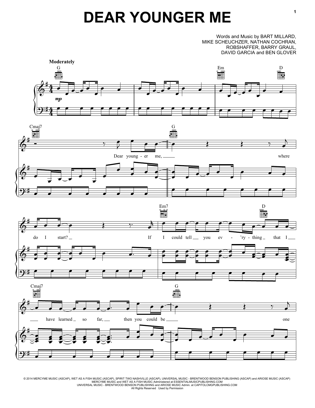 MercyMe Dear Younger Me sheet music notes and chords arranged for Piano, Vocal & Guitar Chords (Right-Hand Melody)