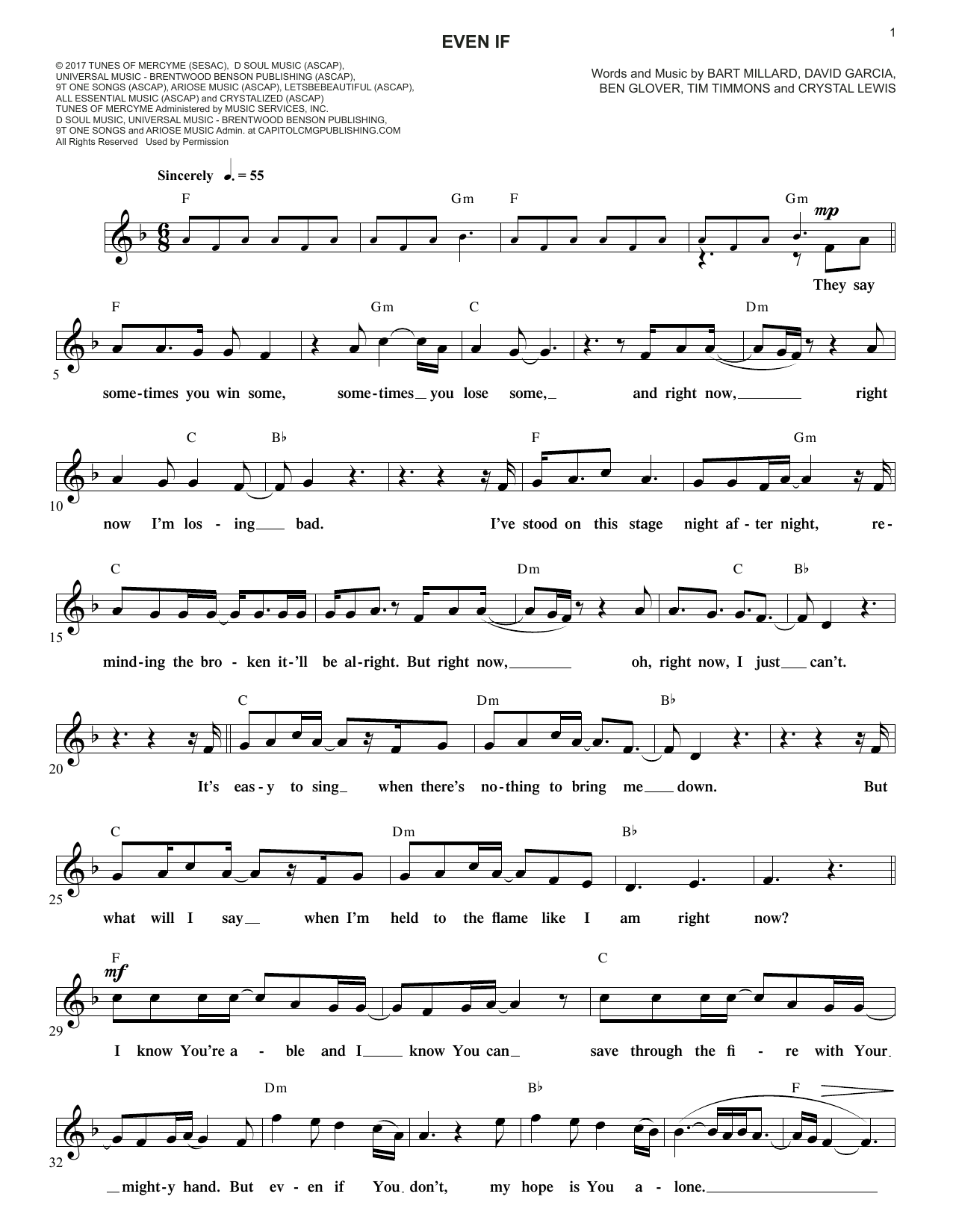 MercyMe Even If sheet music notes and chords arranged for Piano, Vocal & Guitar Chords (Right-Hand Melody)