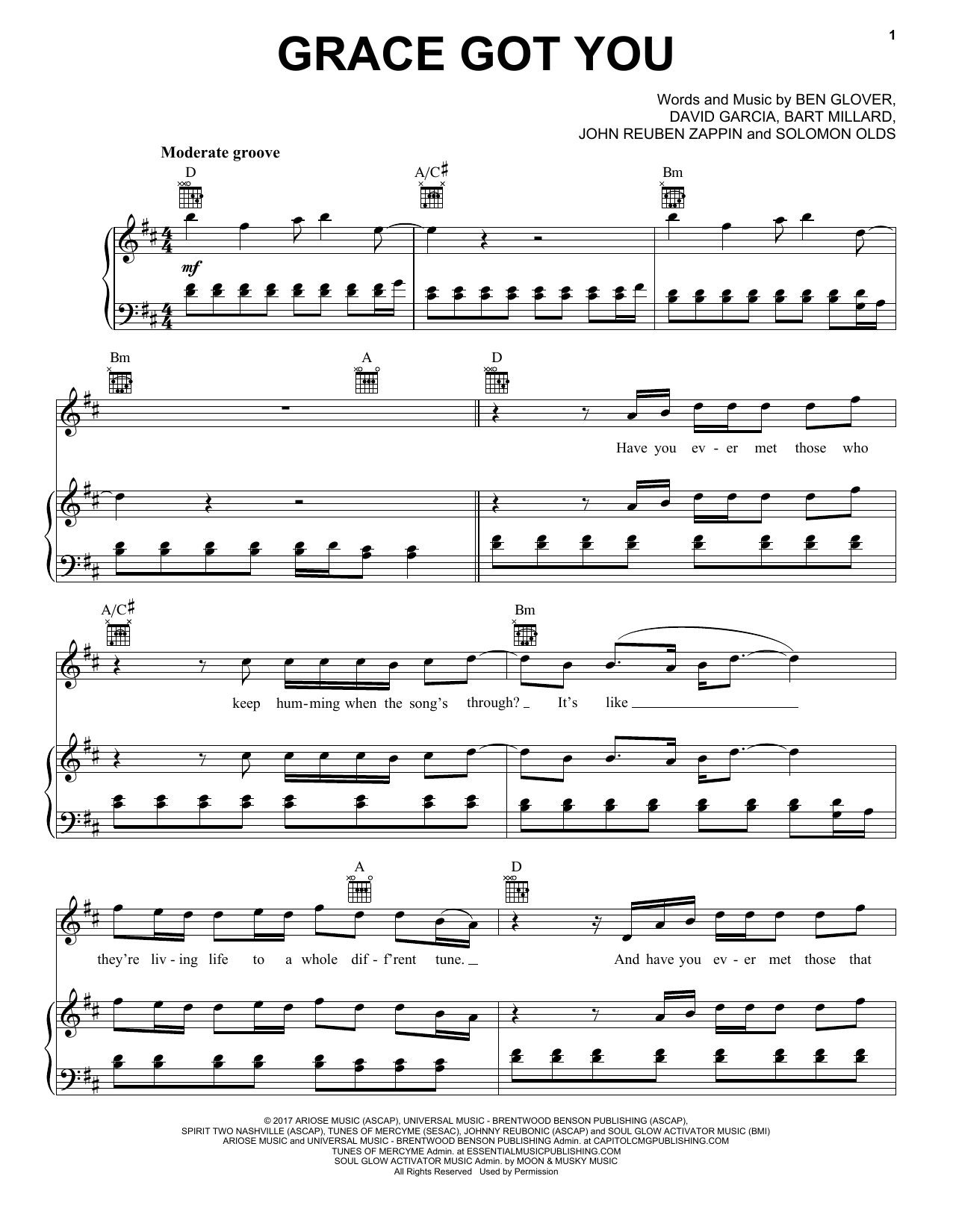 MercyMe Grace Got You sheet music notes and chords arranged for Piano, Vocal & Guitar Chords (Right-Hand Melody)