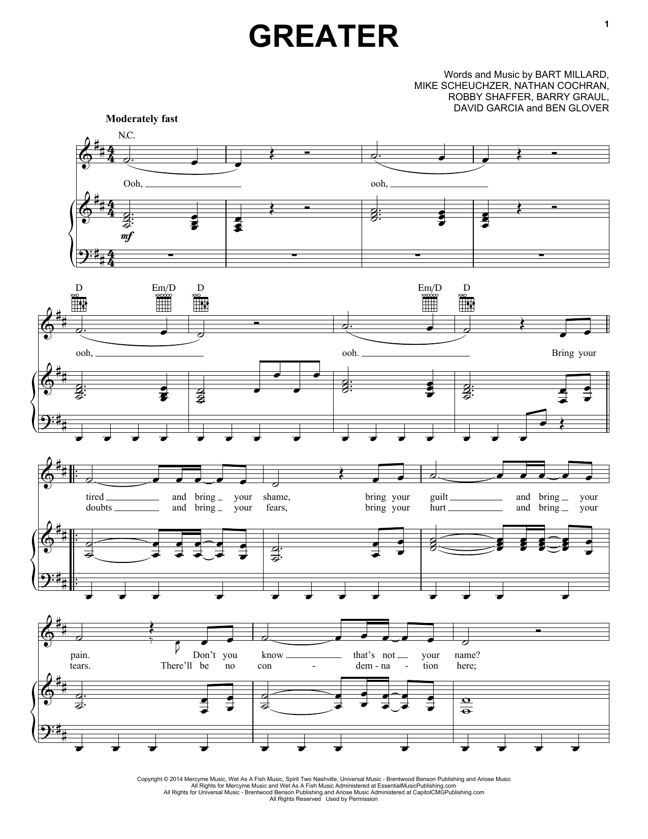 MercyMe Greater sheet music notes and chords arranged for Piano, Vocal & Guitar Chords (Right-Hand Melody)