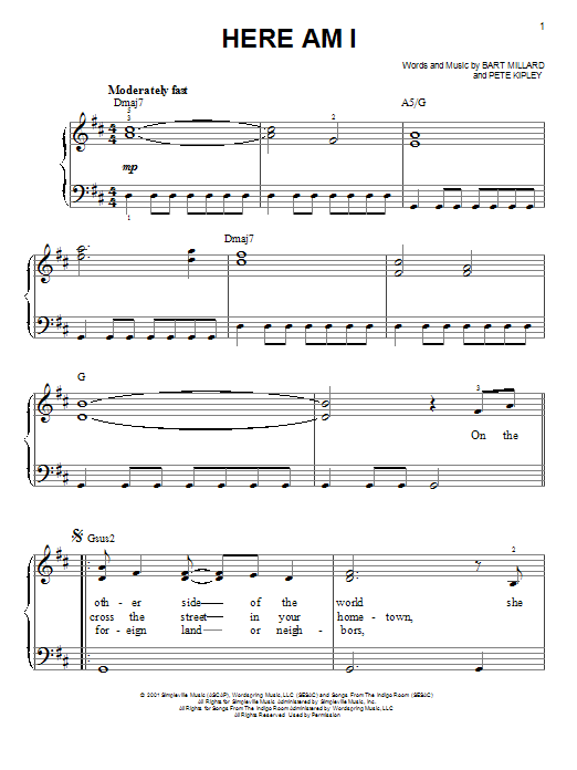 MercyMe Here Am I sheet music notes and chords arranged for Easy Piano