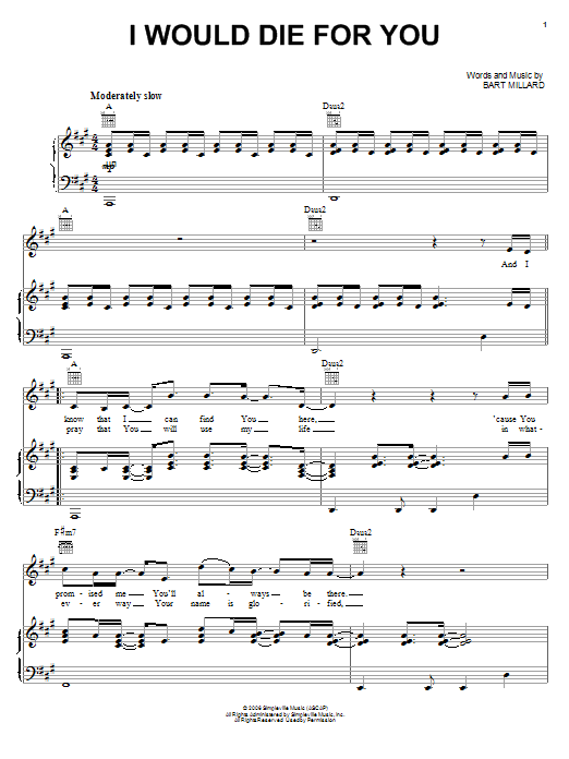 MercyMe I Would Die For You sheet music notes and chords arranged for Piano, Vocal & Guitar Chords (Right-Hand Melody)