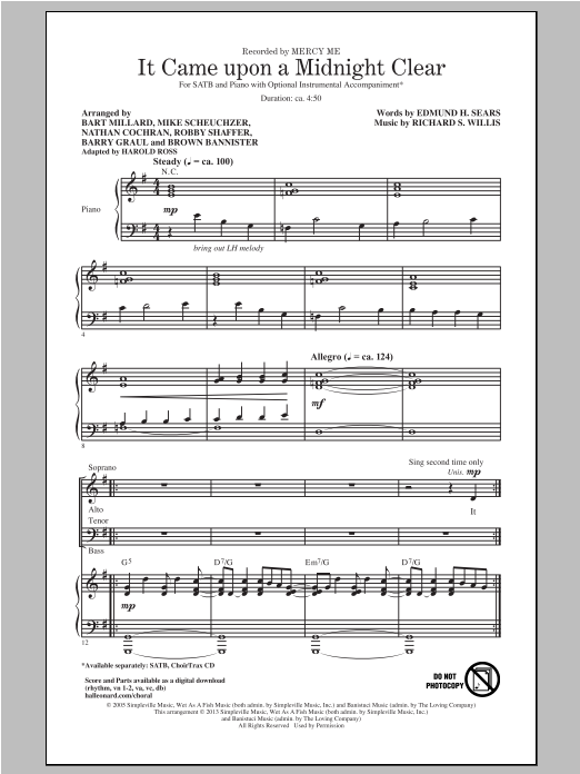 MercyMe It Came Upon A Midnight Clear (arr. Harold Ross) sheet music notes and chords arranged for SATB Choir