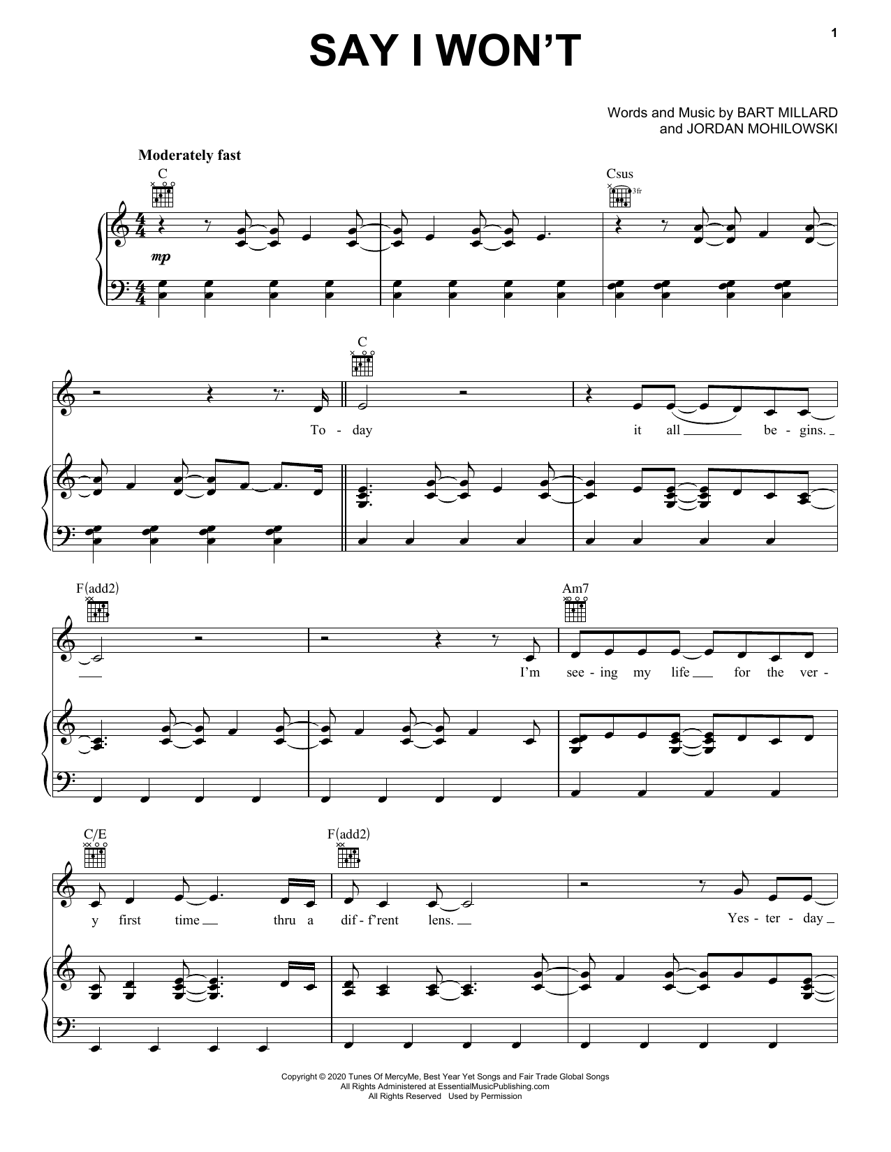 MercyMe Say I Won't sheet music notes and chords arranged for Piano, Vocal & Guitar Chords (Right-Hand Melody)