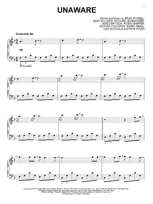 MercyMe Unaware sheet music notes and chords arranged for Piano Solo