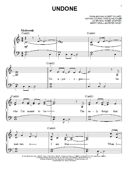 MercyMe Undone sheet music notes and chords arranged for Easy Piano