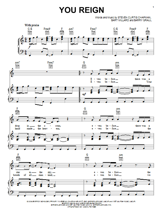 MercyMe You Reign sheet music notes and chords arranged for Piano, Vocal & Guitar Chords (Right-Hand Melody)