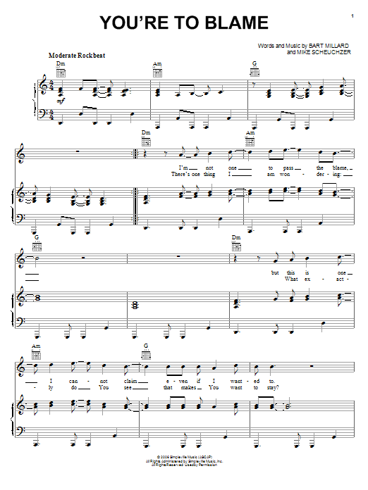 MercyMe You're To Blame sheet music notes and chords arranged for Piano, Vocal & Guitar Chords (Right-Hand Melody)
