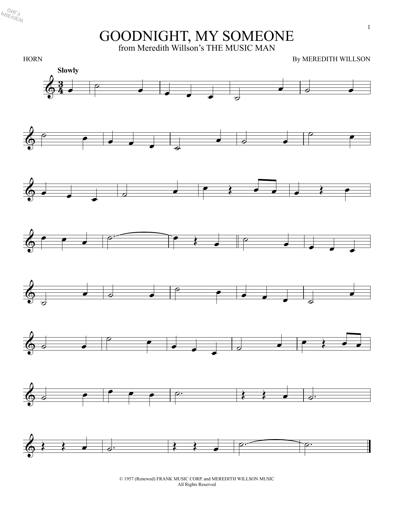 Meredith Willson Goodnight, My Someone (from The Music Man) sheet music notes and chords arranged for Trumpet Solo