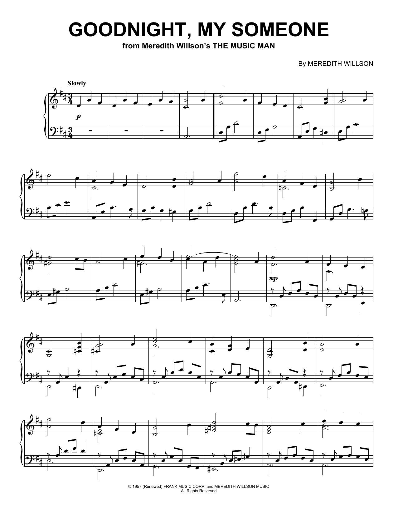 Meredith Willson Goodnight, My Someone (from The Music Man) (Peaceful Piano Solo) sheet music notes and chords arranged for Piano Solo