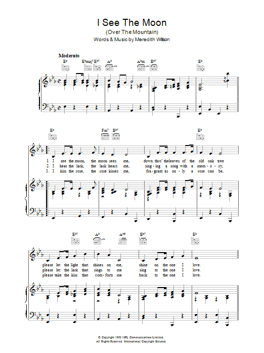 Meredith Willson I See The Moon sheet music notes and chords arranged for Piano, Vocal & Guitar Chords