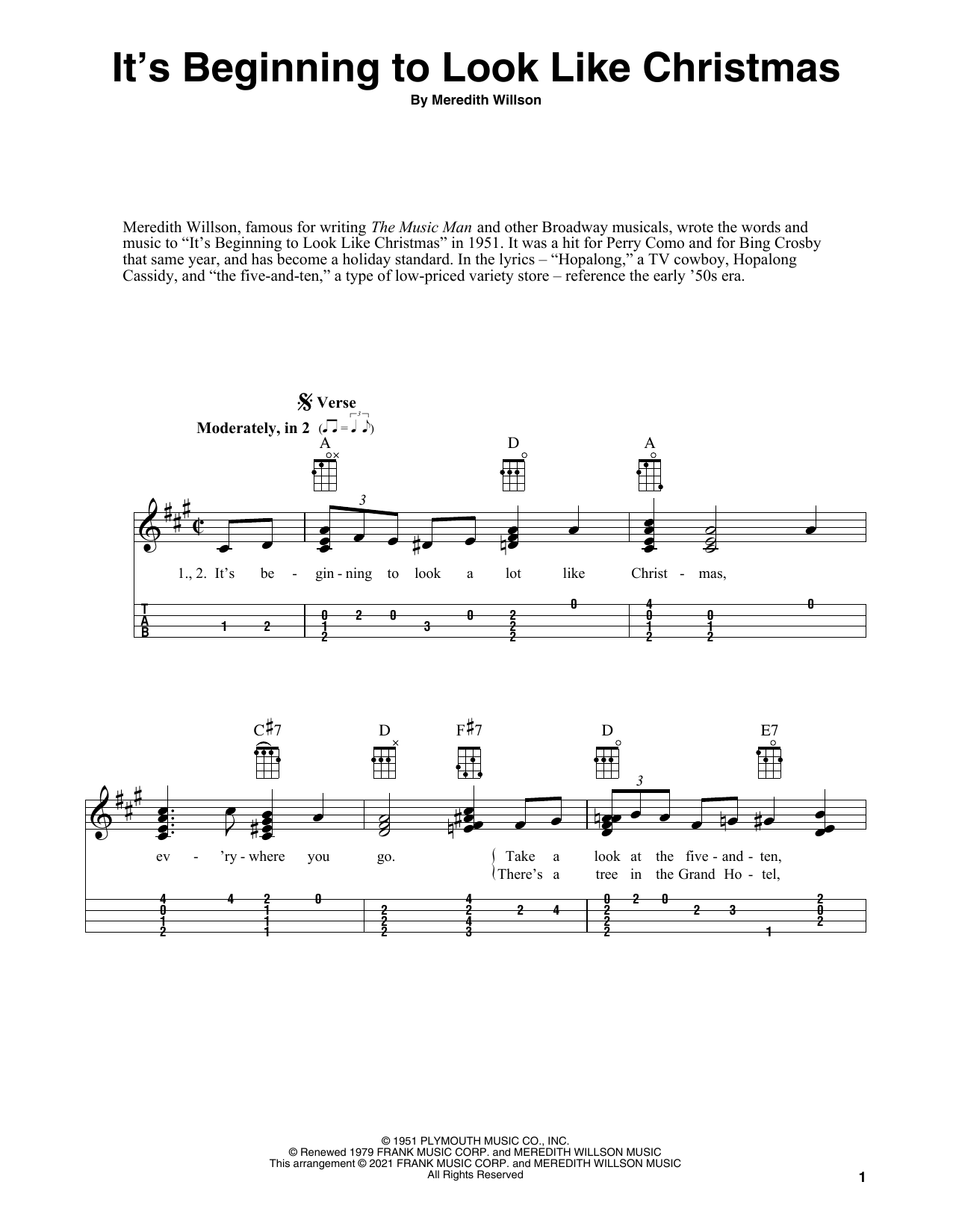Meredith Willson It's Beginning To Look Like Christmas (arr. Fred Sokolow) sheet music notes and chords arranged for Ukulele
