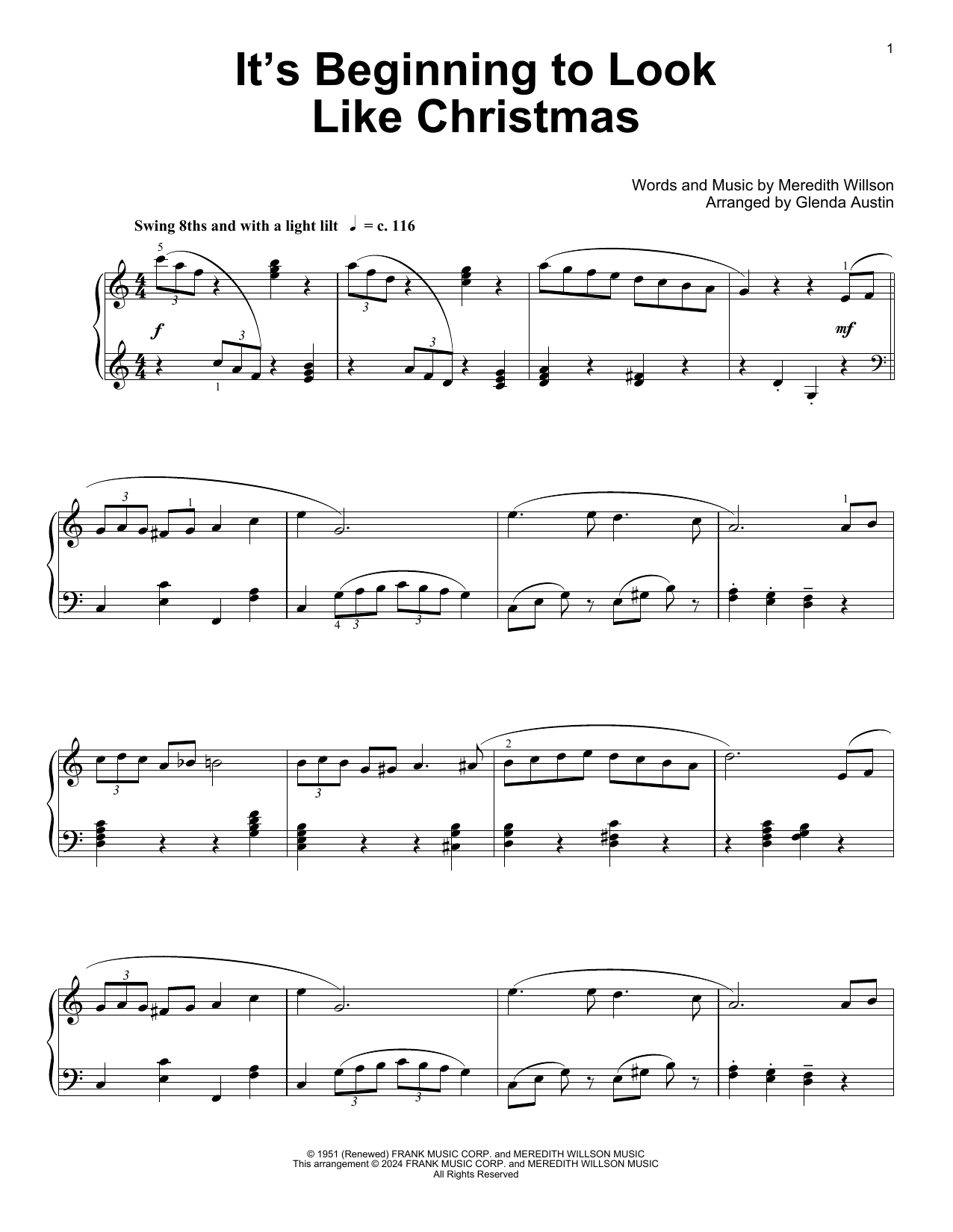 Meredith Willson It's Beginning To Look Like Christmas (arr. Glenda Austin) sheet music notes and chords arranged for Educational Piano