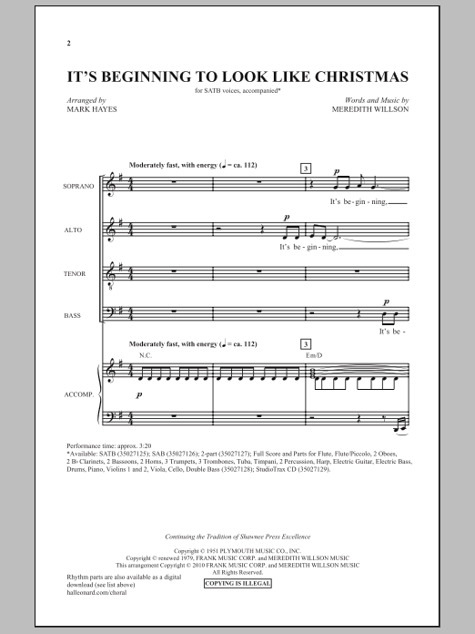Meredith Willson It's Beginning To Look Like Christmas (arr. Mark Hayes) sheet music notes and chords arranged for 2-Part Choir