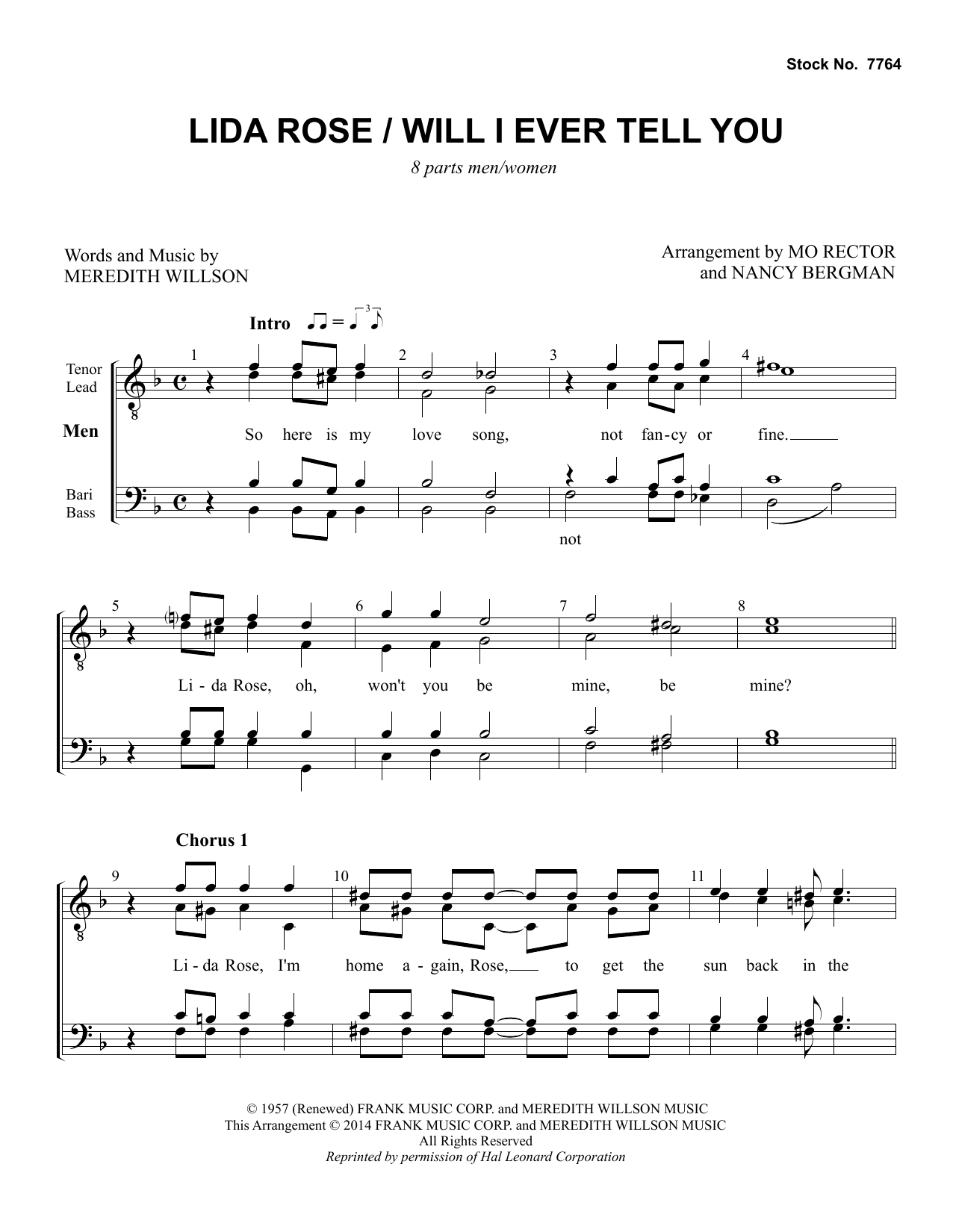 Meredith Willson Lida Rose/Will I Ever Tell You (from The Music Man) (arr. Nancy Bergman, Mo Rector) sheet music notes and chords arranged for Choir
