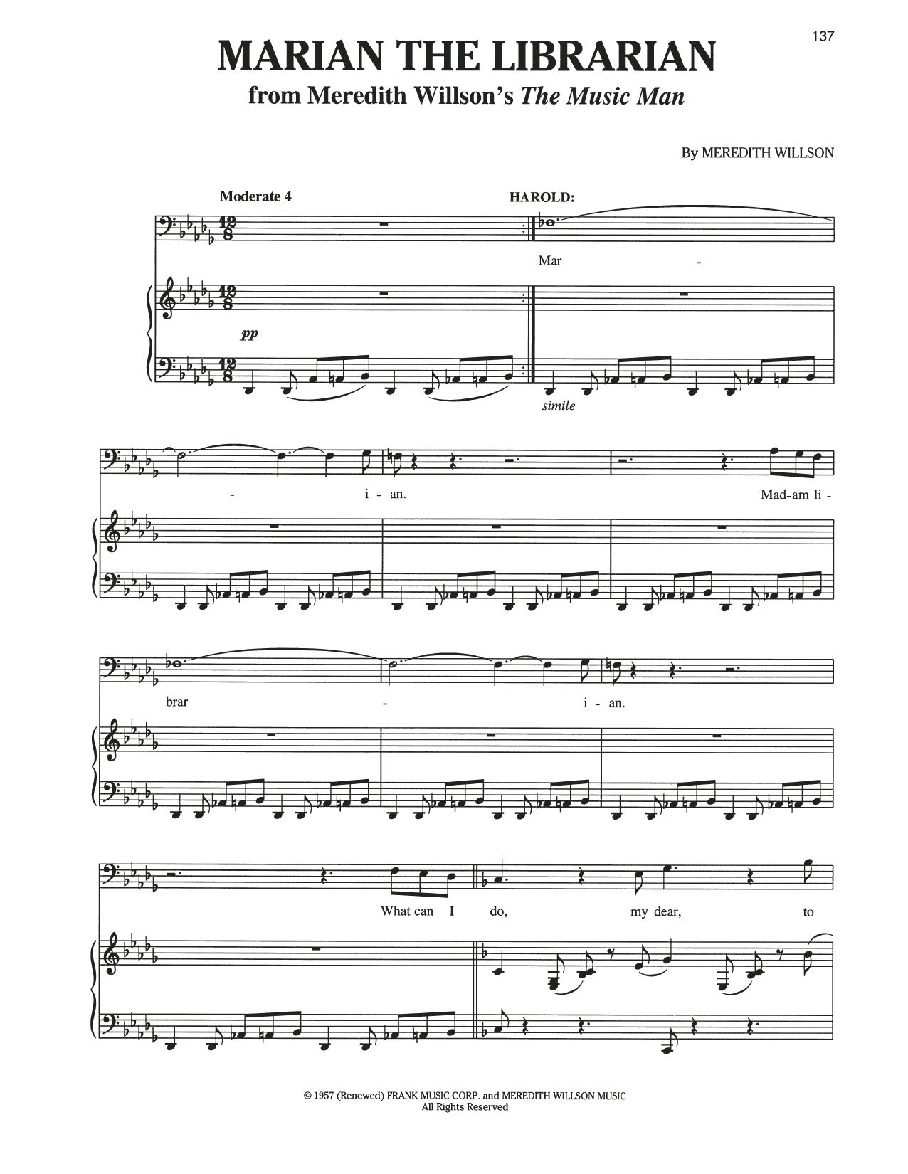 Meredith Willson Marian The Librarian (from The Music Man) sheet music notes and chords arranged for Piano & Vocal