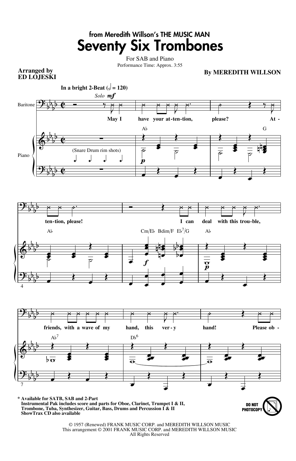 Meredith Willson Seventy Six Trombones (arr. Ed Lojeski) sheet music notes and chords arranged for SATB Choir