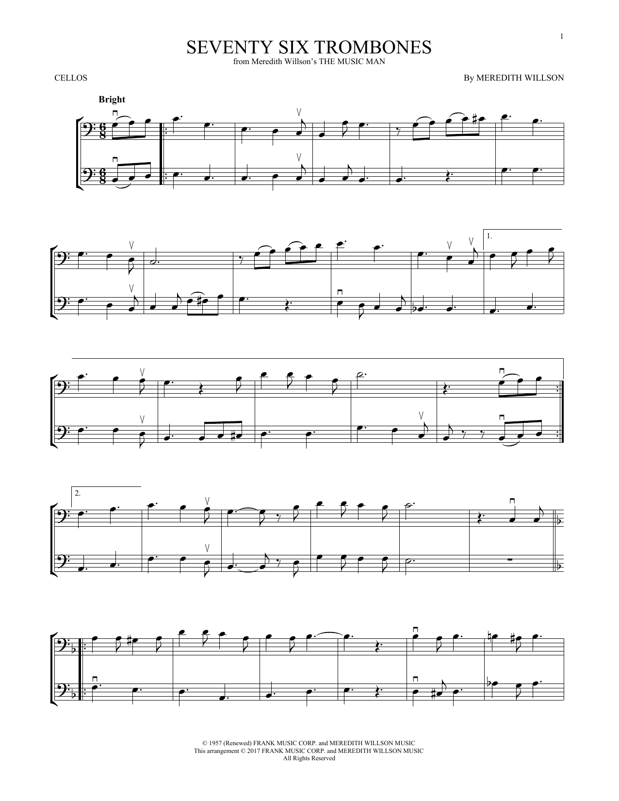 Meredith Willson Seventy Six Trombones (from The Music Man) sheet music notes and chords arranged for Cello Duet