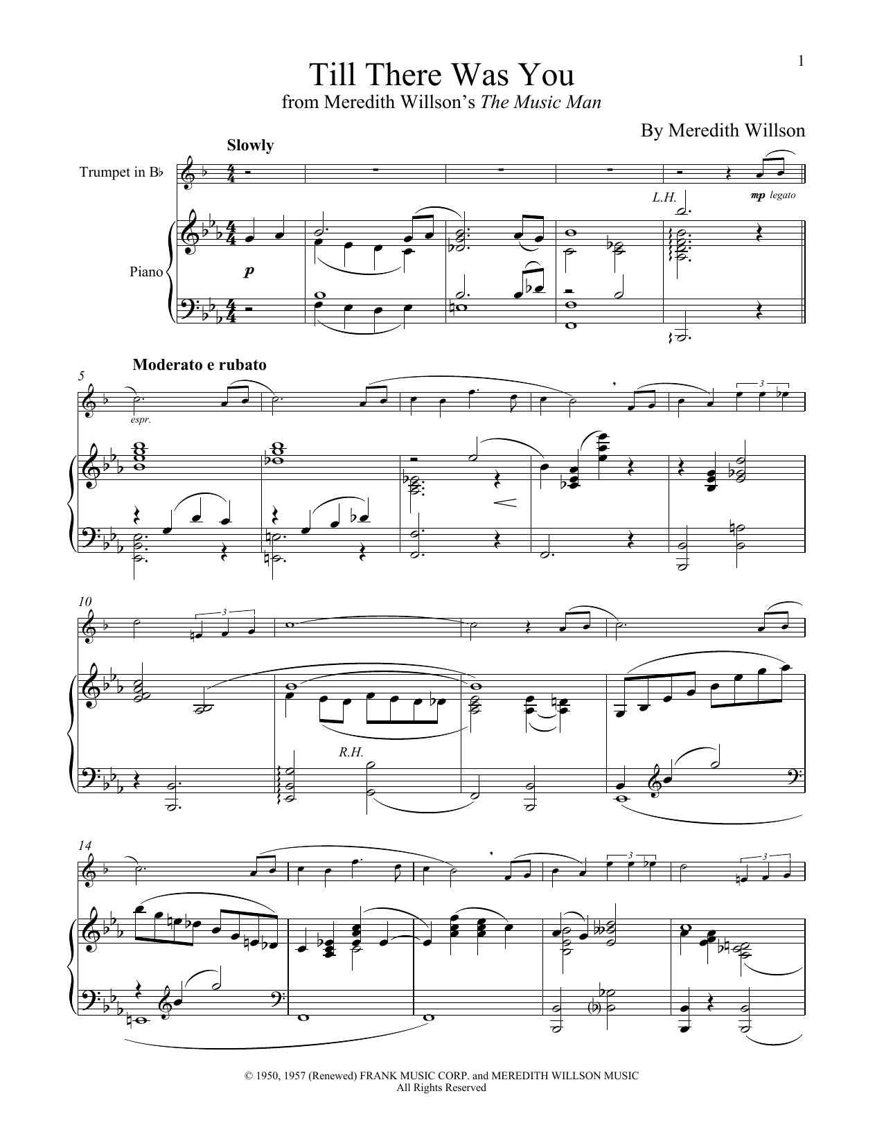 Meredith Willson Till There Was You (from The Music Man) sheet music notes and chords arranged for Easy Piano