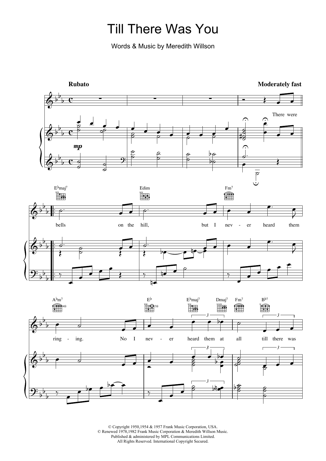 Meredith Willson Till There Was You sheet music notes and chords arranged for Piano Duet