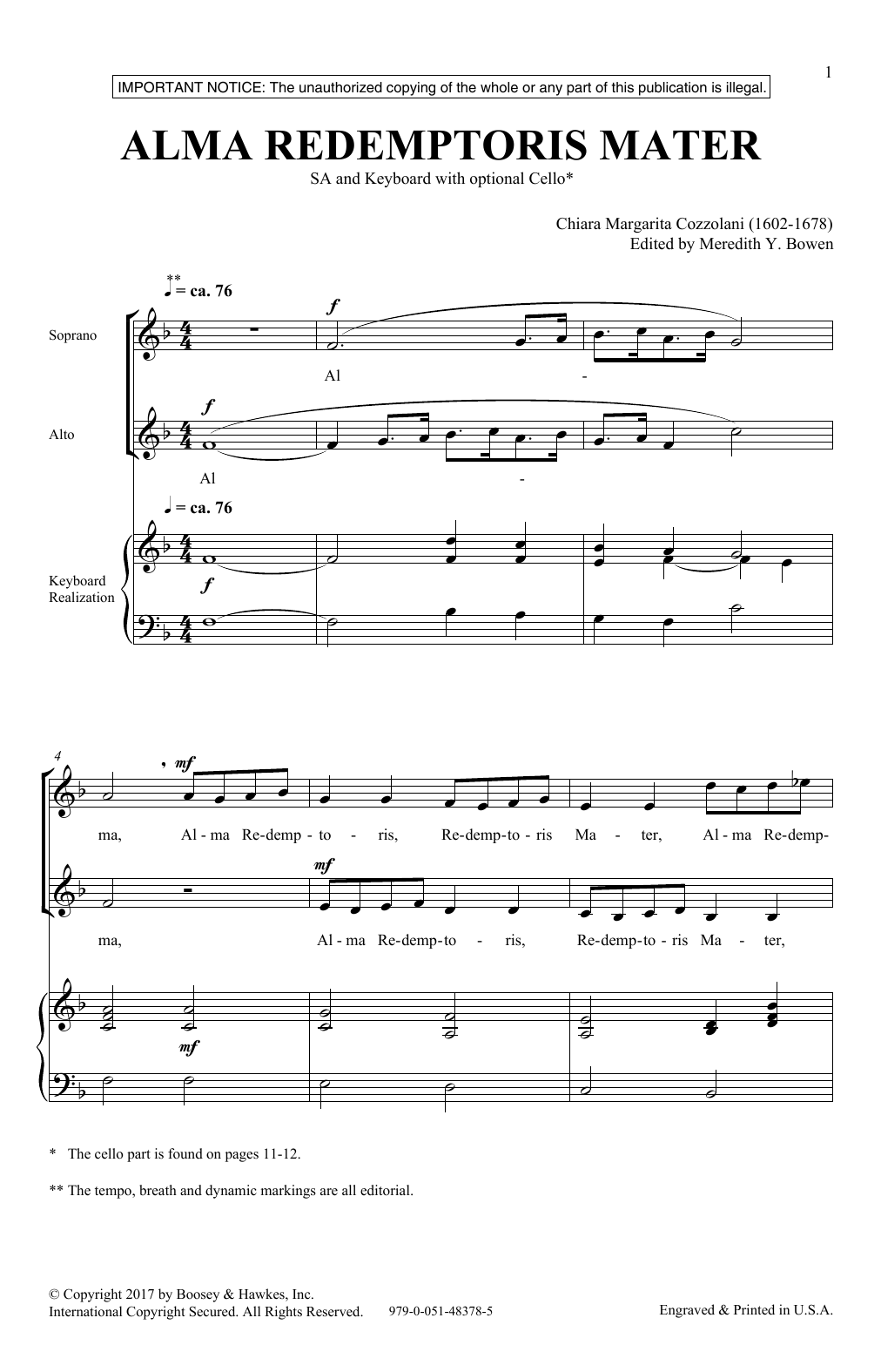 Meredith Y. Bowen Alma Redemptoris Mater sheet music notes and chords arranged for 2-Part Choir