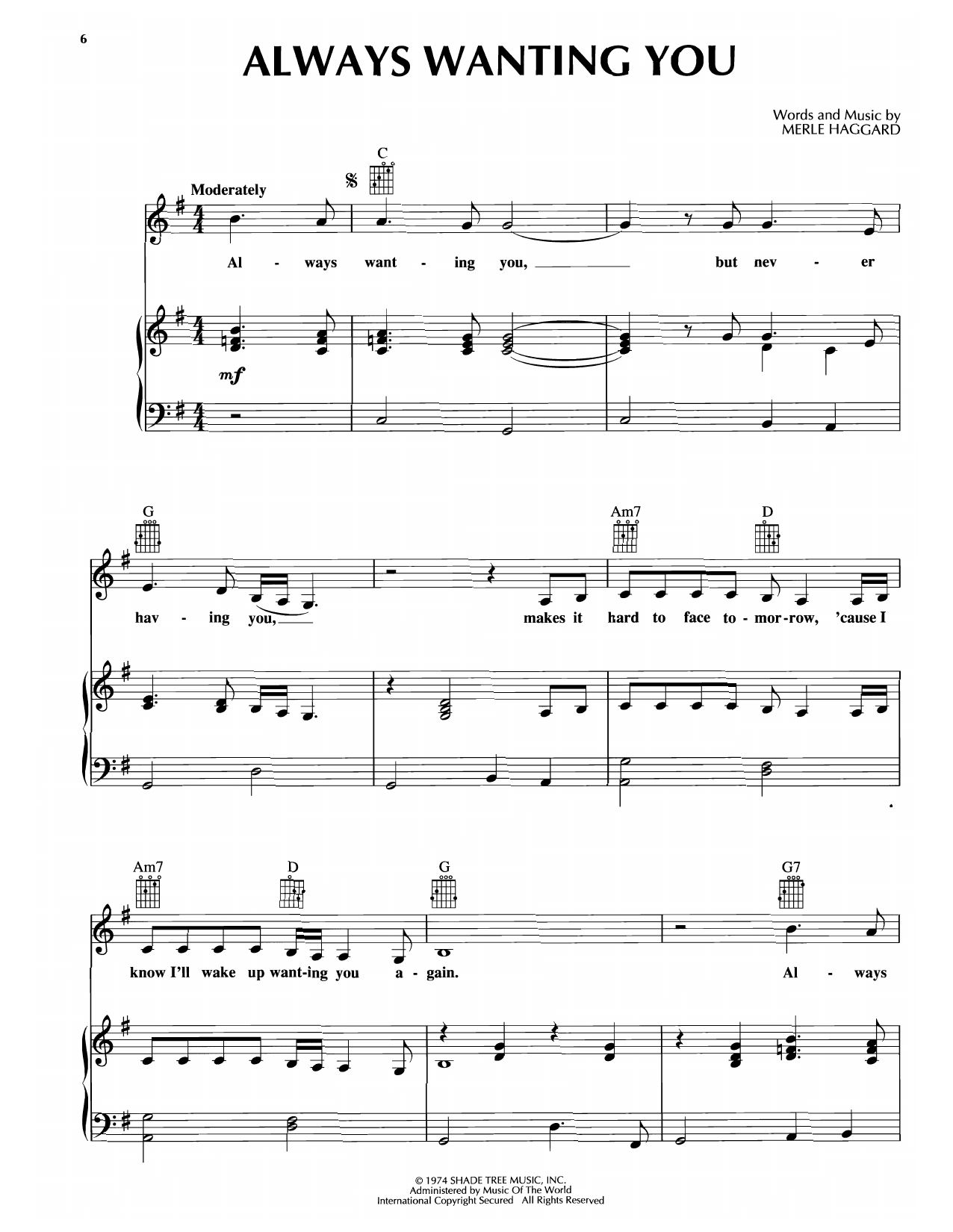 Merle Haggard Always Wanting You sheet music notes and chords arranged for Piano, Vocal & Guitar Chords (Right-Hand Melody)