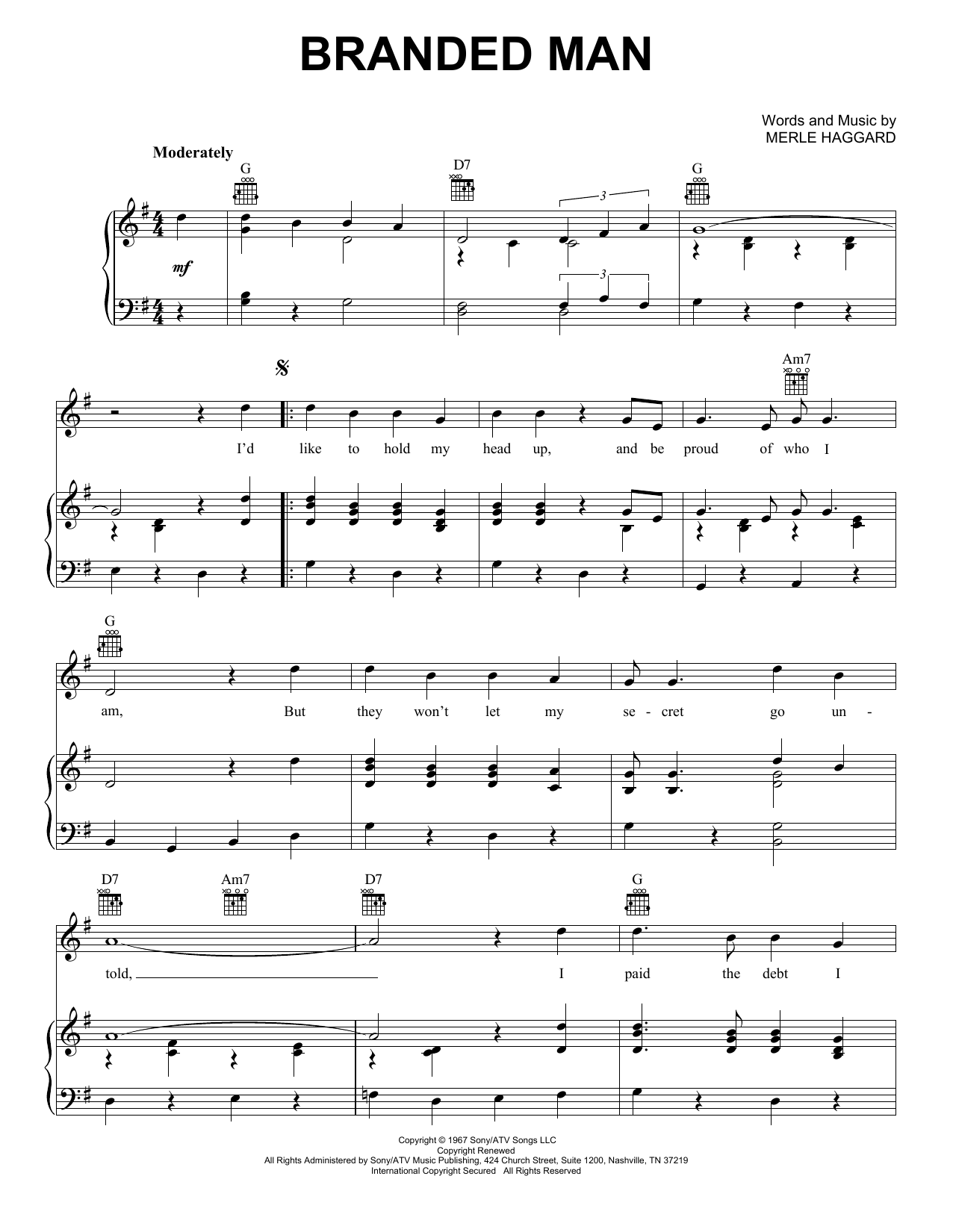 Merle Haggard Branded Man sheet music notes and chords arranged for Guitar Chords/Lyrics