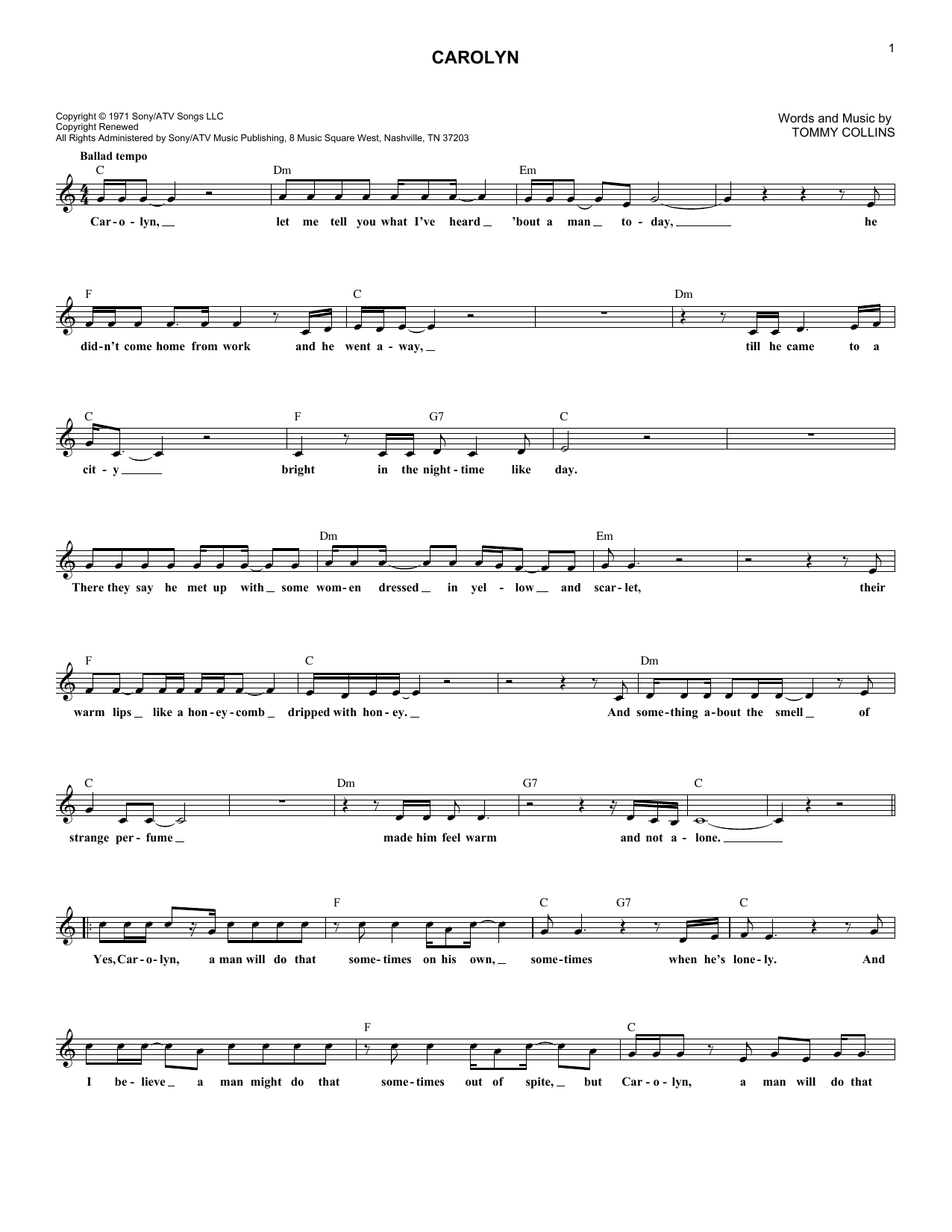 Merle Haggard Carolyn sheet music notes and chords arranged for Piano, Vocal & Guitar Chords (Right-Hand Melody)