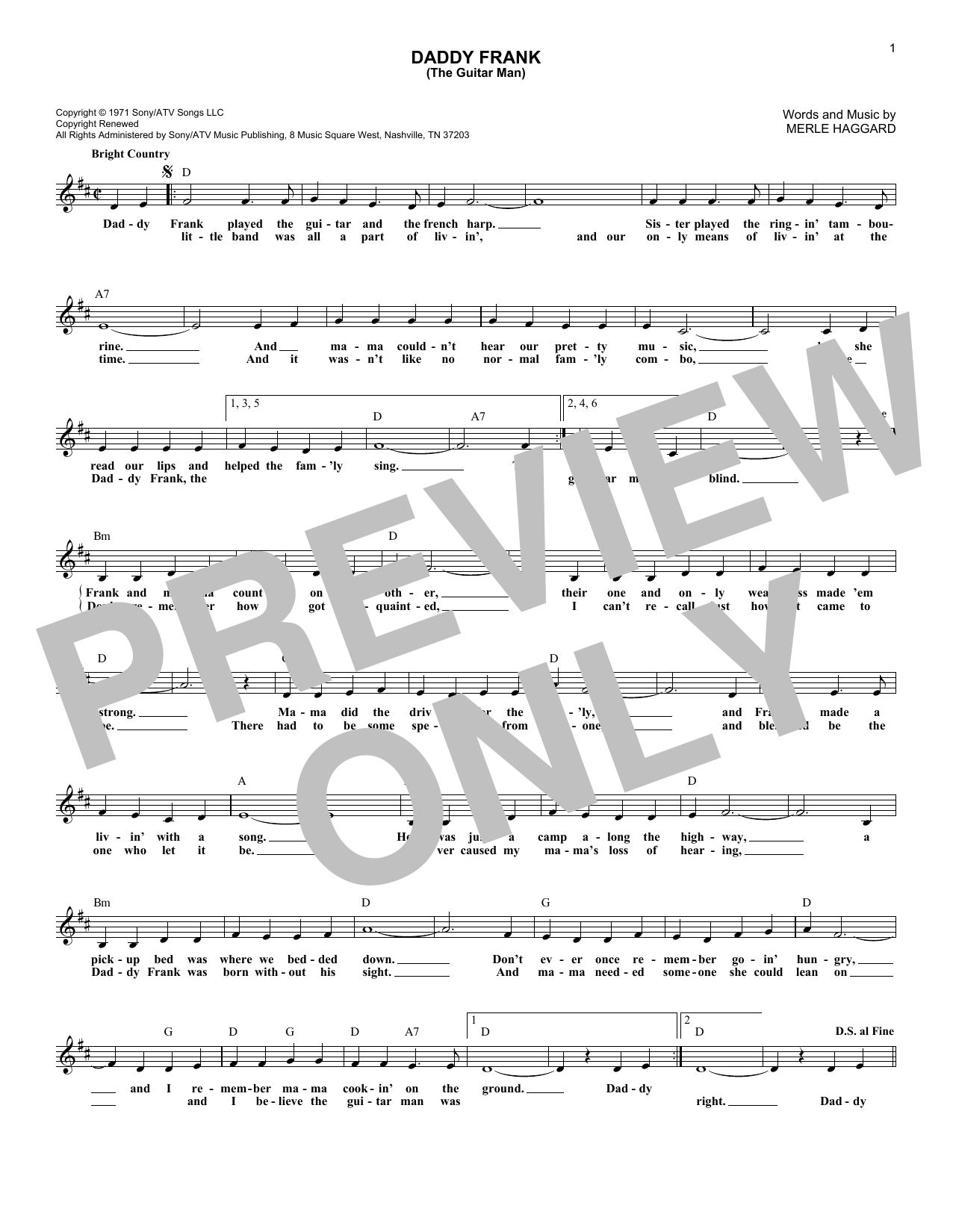 Merle Haggard Daddy Frank (The Guitar Man) sheet music notes and chords arranged for Lead Sheet / Fake Book