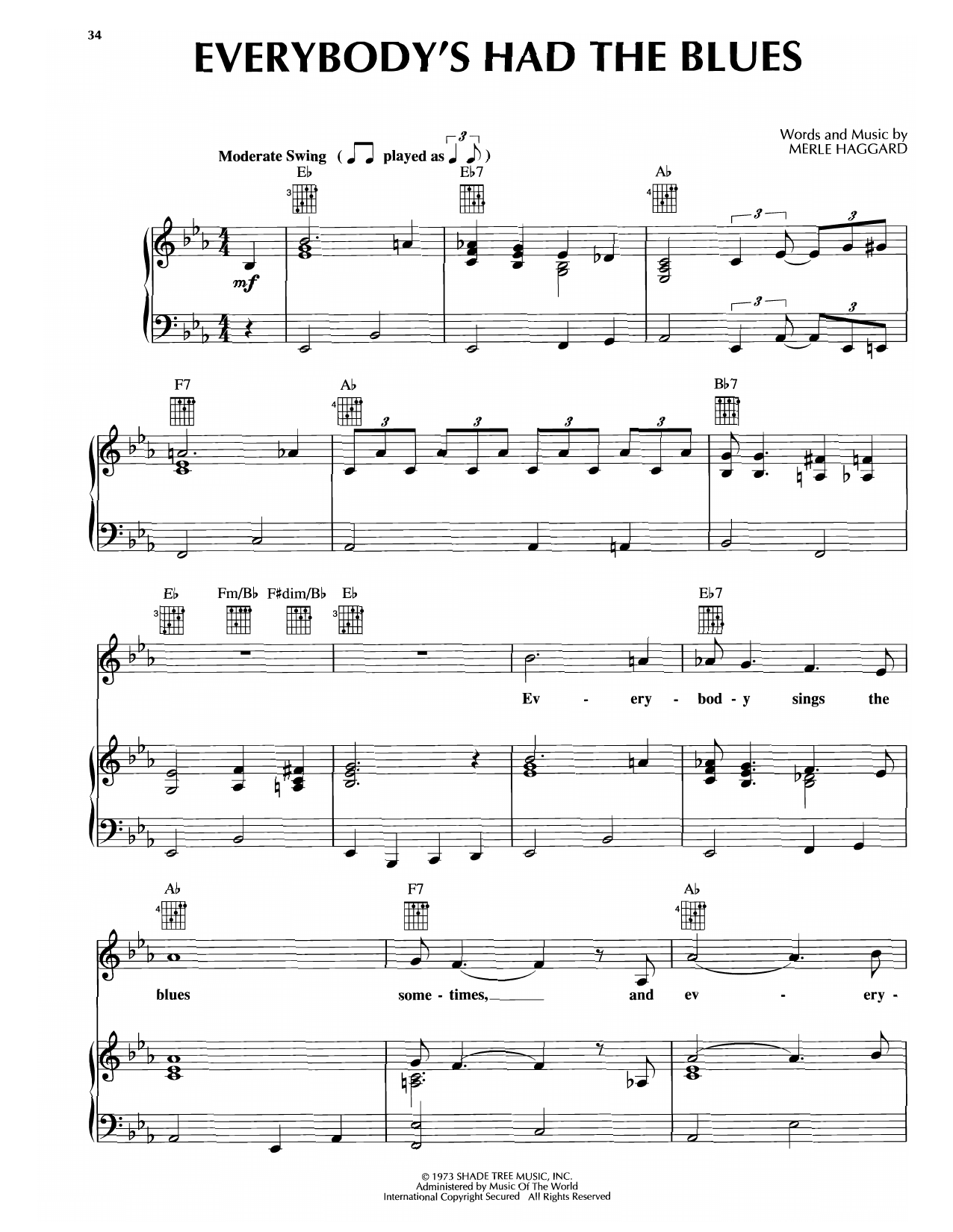 Merle Haggard Everybody's Had The Blues sheet music notes and chords arranged for Piano, Vocal & Guitar Chords (Right-Hand Melody)