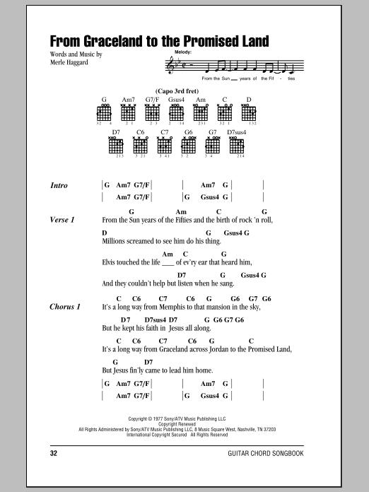 Merle Haggard From Graceland To The Promised Land sheet music notes and chords arranged for Piano, Vocal & Guitar Chords (Right-Hand Melody)