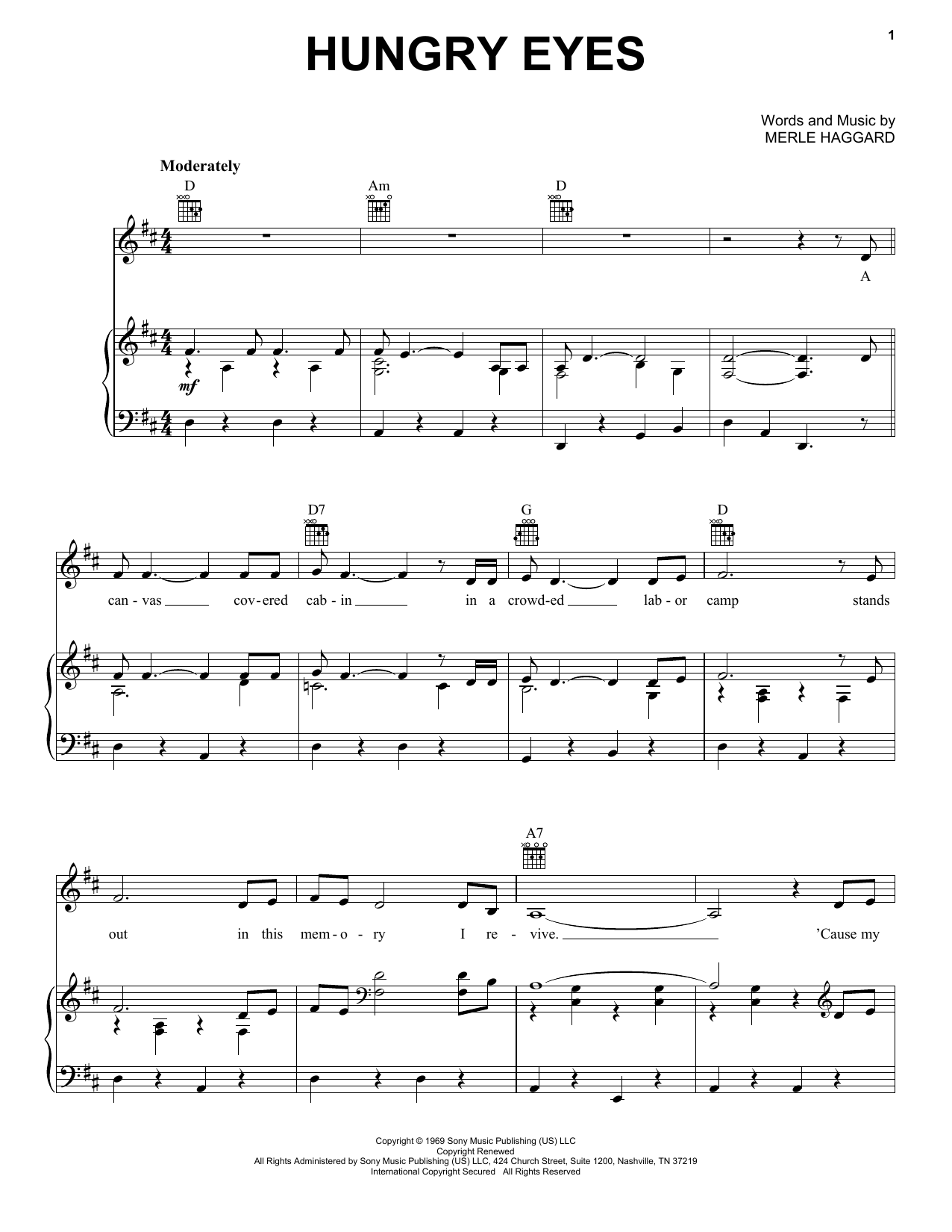 Merle Haggard Hungry Eyes sheet music notes and chords arranged for Piano, Vocal & Guitar Chords (Right-Hand Melody)