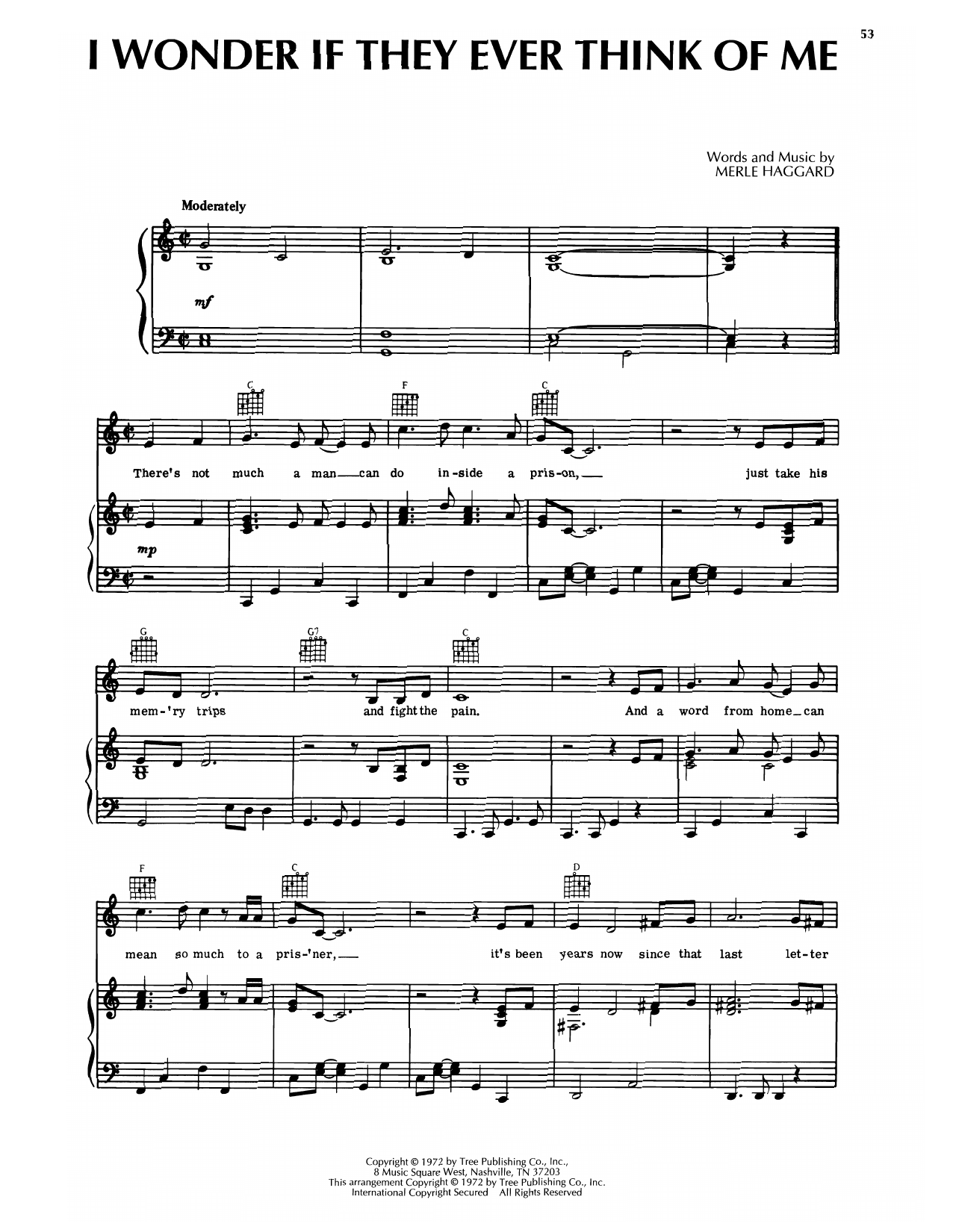 Merle Haggard I Wonder If They Ever Think Of Me sheet music notes and chords arranged for Piano, Vocal & Guitar Chords (Right-Hand Melody)
