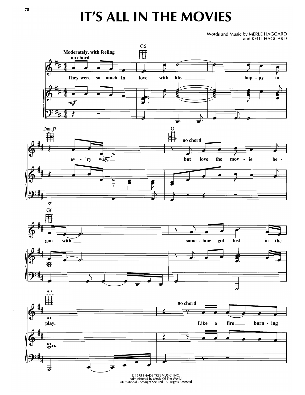 Merle Haggard It's All In The Movies sheet music notes and chords arranged for Piano, Vocal & Guitar Chords (Right-Hand Melody)