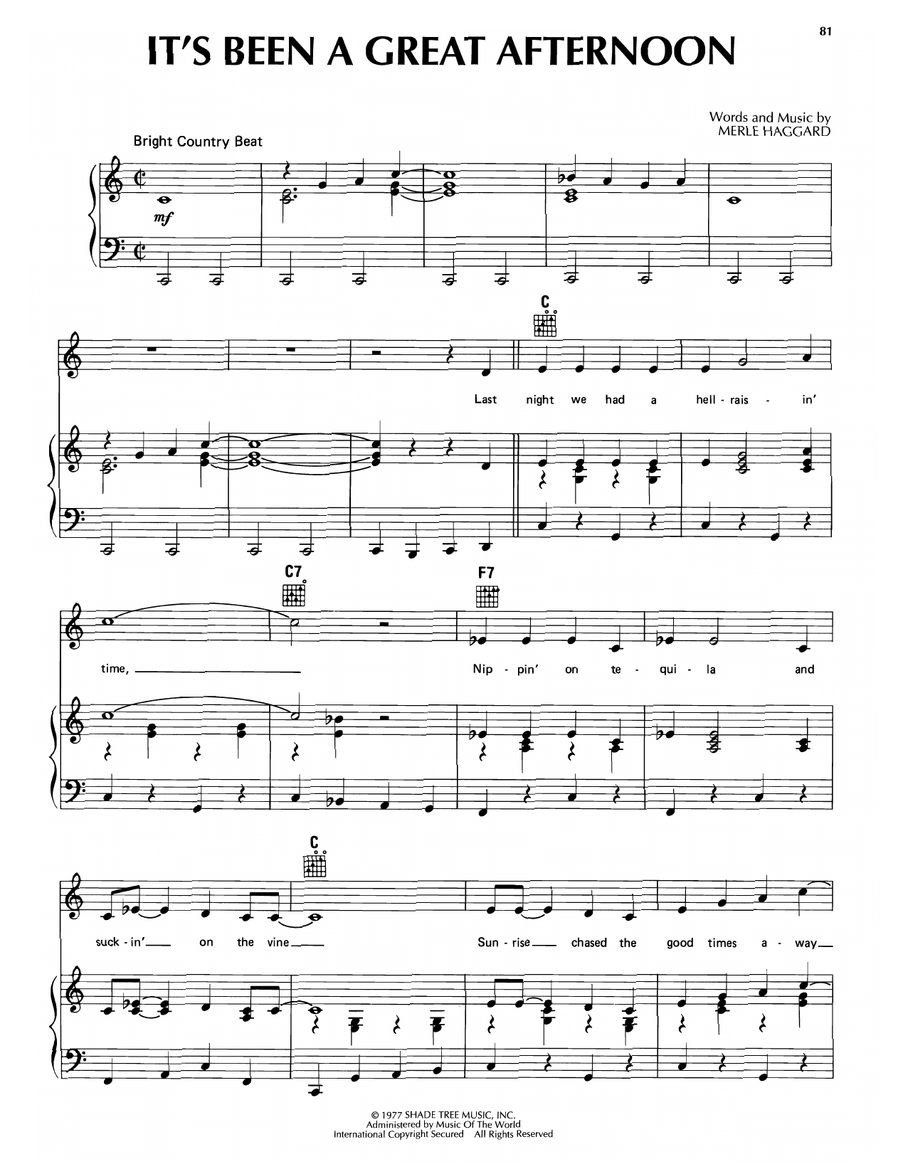 Merle Haggard It's Been A Great Afternoon sheet music notes and chords arranged for Piano, Vocal & Guitar Chords (Right-Hand Melody)
