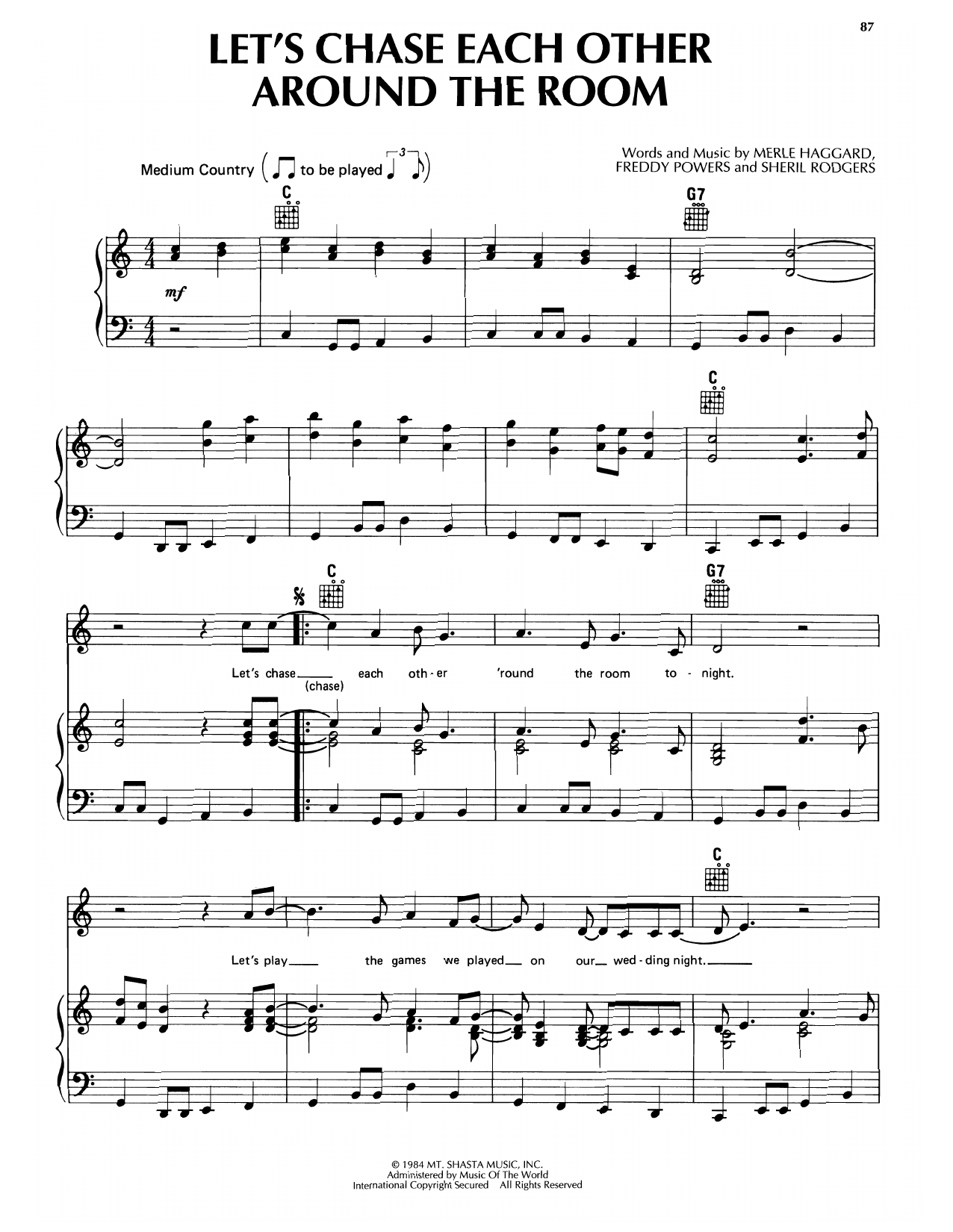 Merle Haggard Let's Chase Each Other Around The Room sheet music notes and chords arranged for Piano, Vocal & Guitar Chords (Right-Hand Melody)