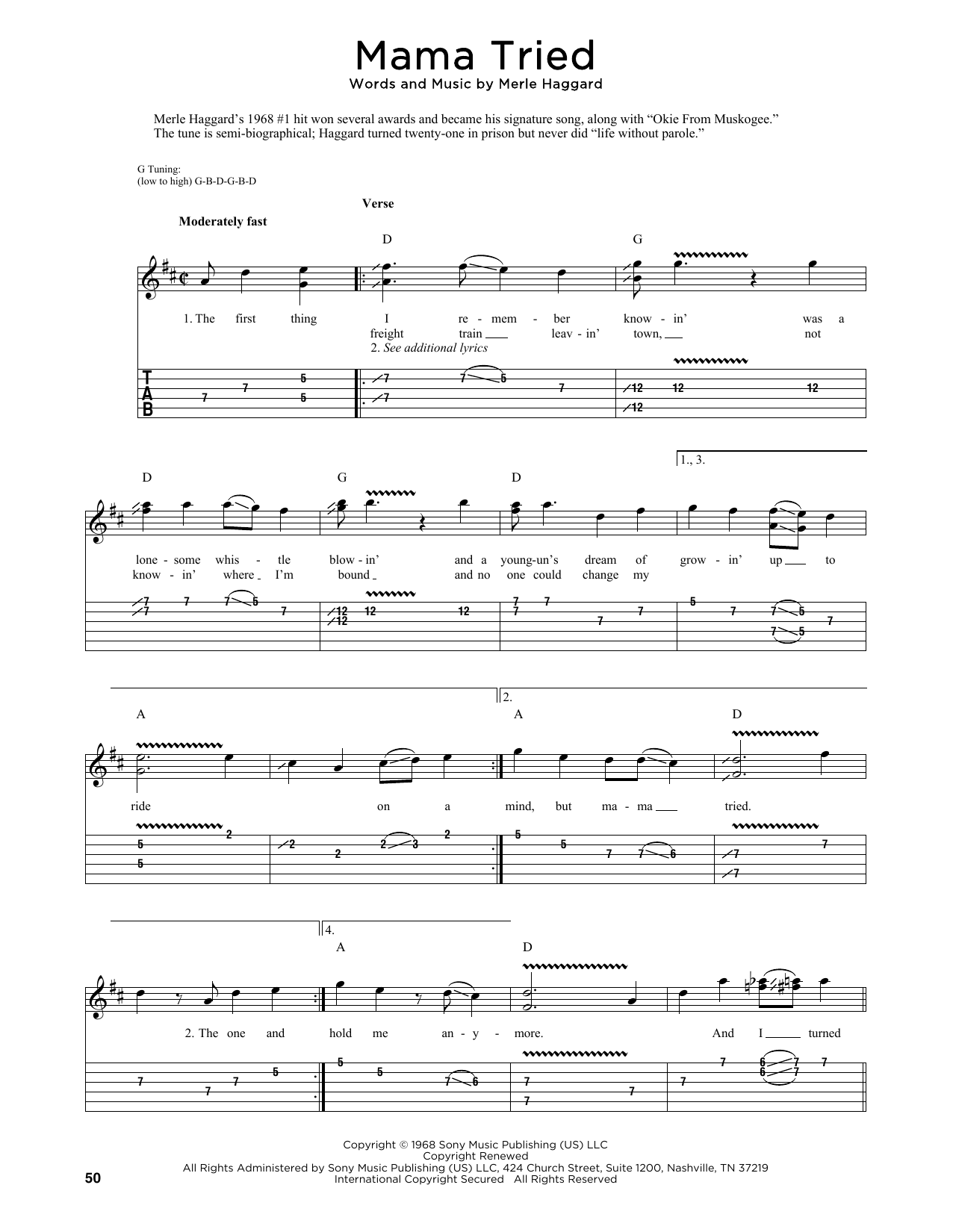 Merle Haggard Mama Tried (arr. Fred Sokolow) sheet music notes and chords arranged for Banjo Chords/Lyrics