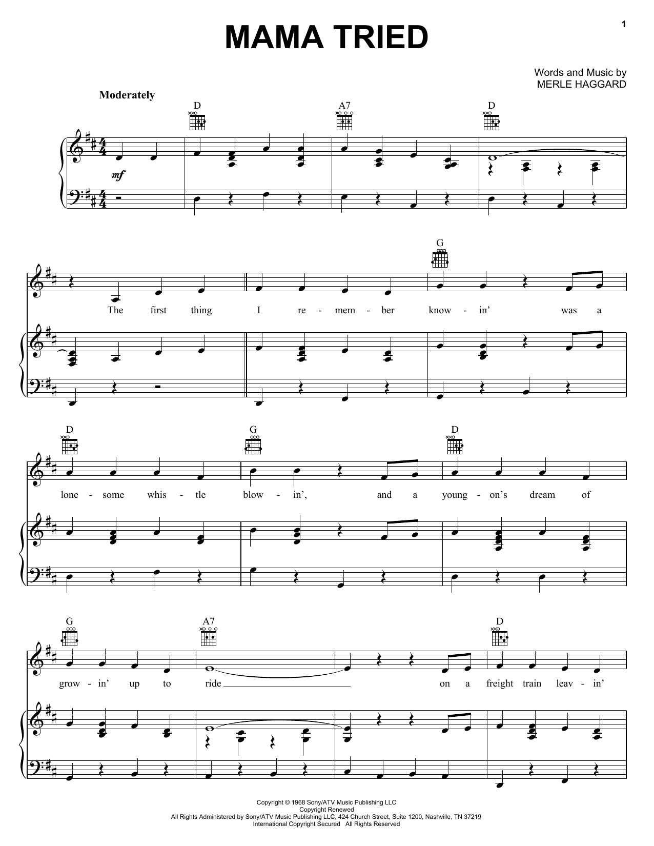 Merle Haggard Mama Tried sheet music notes and chords arranged for Real Book – Melody, Lyrics & Chords