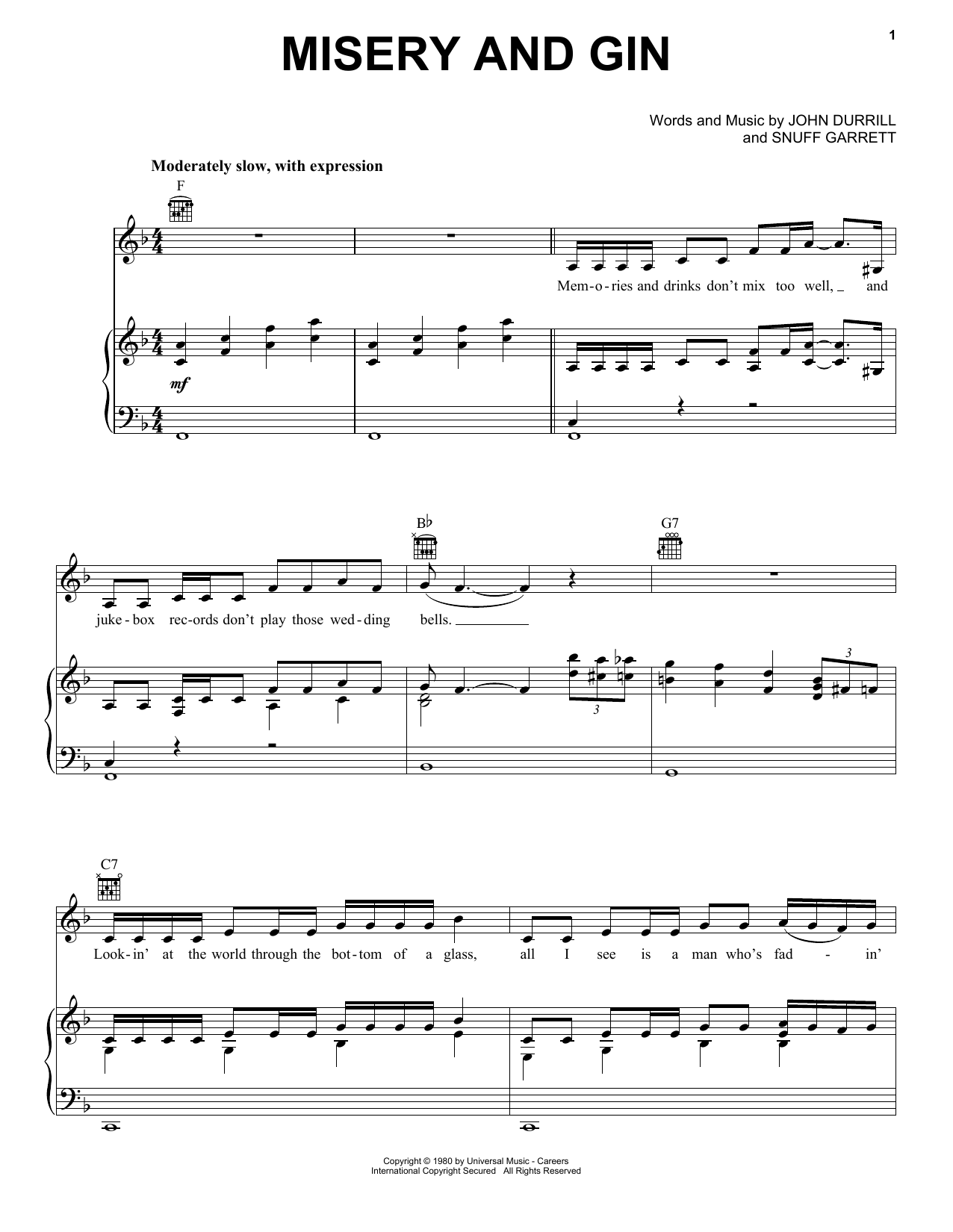 Merle Haggard Misery And Gin sheet music notes and chords arranged for Piano, Vocal & Guitar Chords (Right-Hand Melody)
