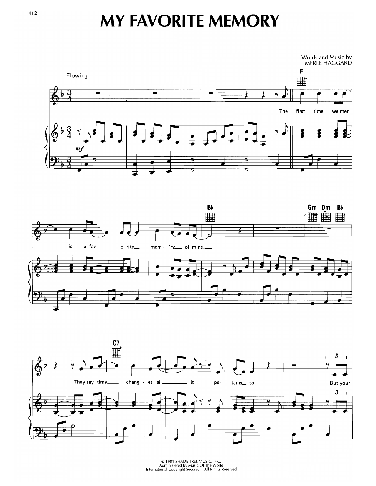 Merle Haggard My Favorite Memory sheet music notes and chords arranged for Piano, Vocal & Guitar Chords (Right-Hand Melody)